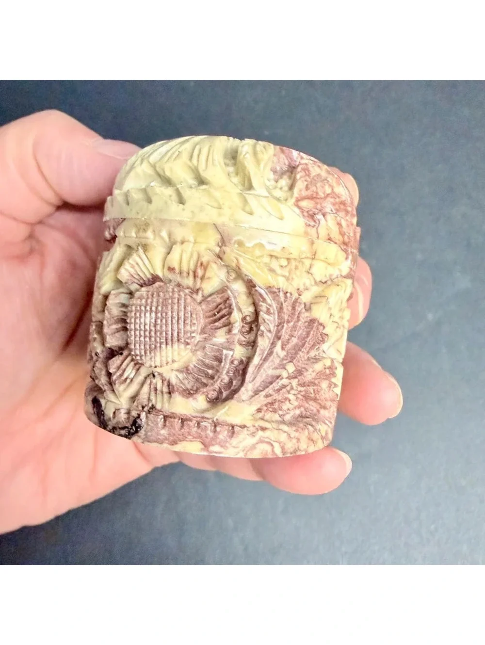 Vintage Hand Carved Soapstone Round Trinket Box Floral Leaf Boho Jewelry